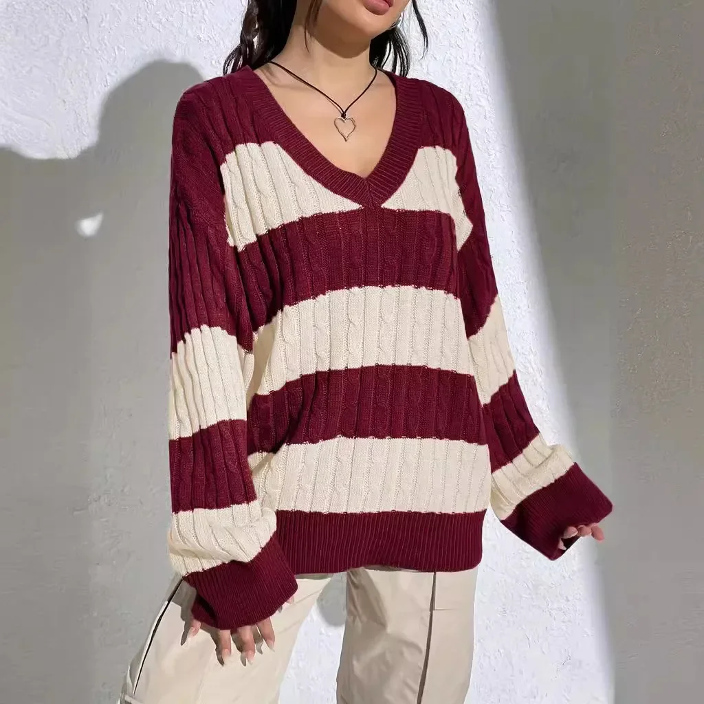 Suninbox Vintage V Neck Acrylic Knitted Sweaters Women Korean Fashion Long Sleeve Striped Sweater Pullover Autumn Winter Clothes