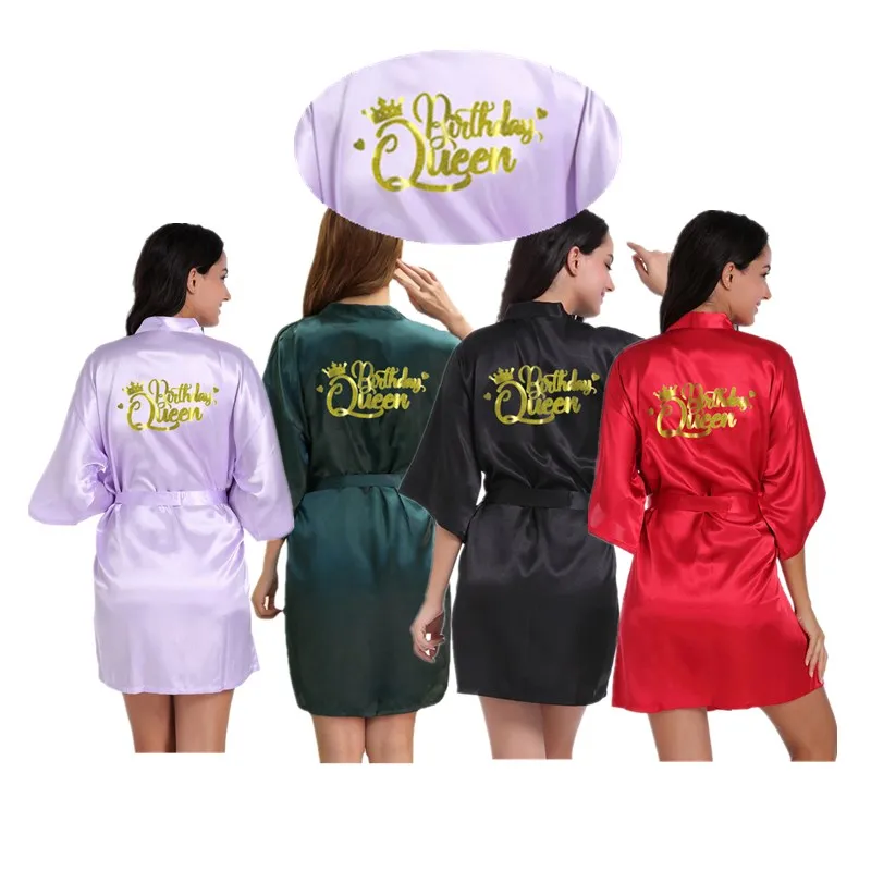 Wholesale Birthday Queen Gold Glitter Letter Women\'s Robes Silky Kimono Nightgown Bathrobes Dressing Gown T136