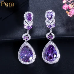 Pera Brand Luxury Women Party CZ Stone Silver Color Jewelry Big Pear Cut Drop Purple Long Dangle Cubic Zirconia Earrings E223