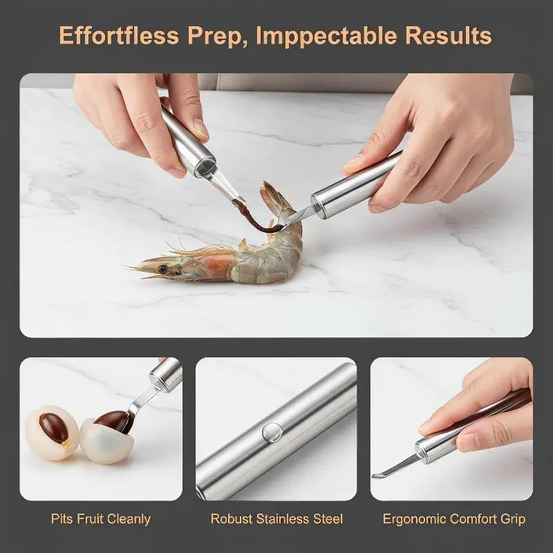 [L] Stainless Steel Shrimp Deveiner Tool With Sharp Tip Easy Grip Handle For Kitchen Seafood Processing Fruit Pitting