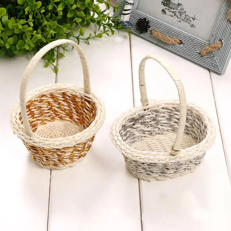 1pc Hand-Held Basket Wedding Party Decorative Basket Wedding Basket Ring Pillow Flower Storage Woven Flower Basket