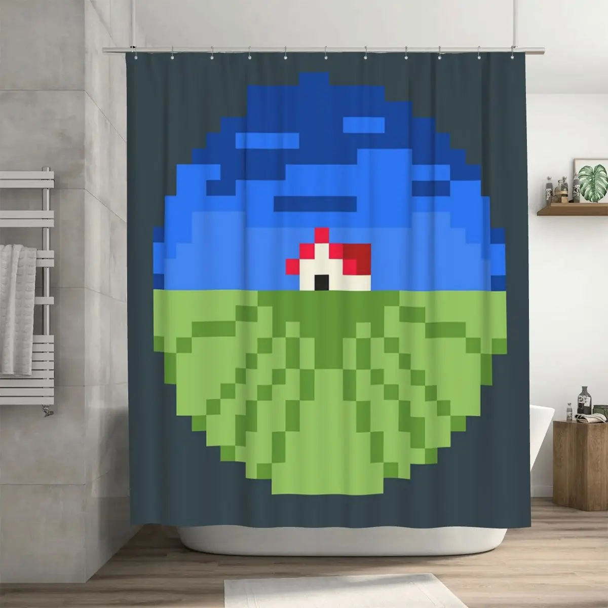 

Душевая шторка с пиксельным изображением уютного сельского пейзажа, полиэстеровая, водонепроницаемая, с крючками