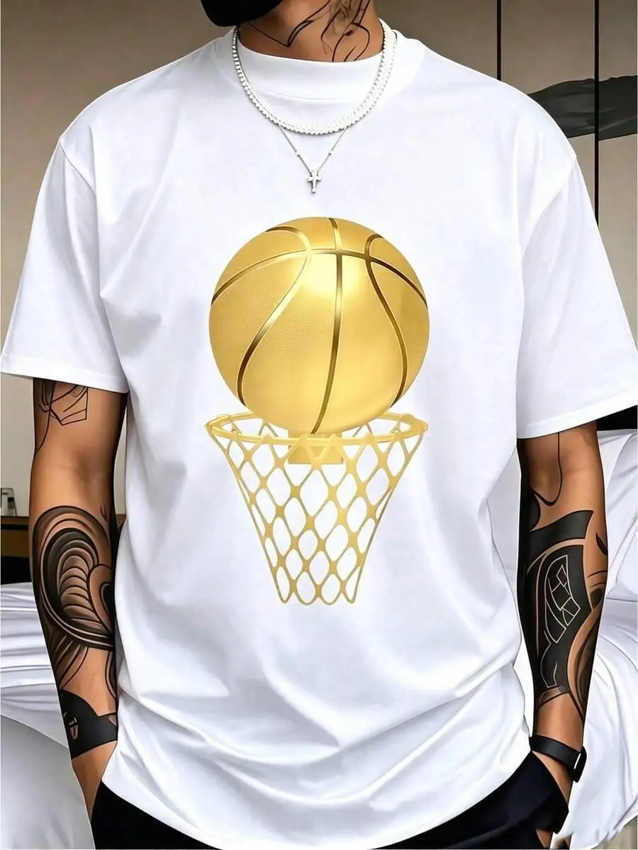 Men's Basketball Net Printed Black T-Shirt, Graphic Tee Summer Tops, Crew Neck Plus Size 5XL, Lightweight 220 G/M² Knitted  100% Cotton Trendy Y2K Short-Sleeve Tee-Soft, Quick-Drying, Moisture-Wicking, Great Gift for Christmas or Halloween.
