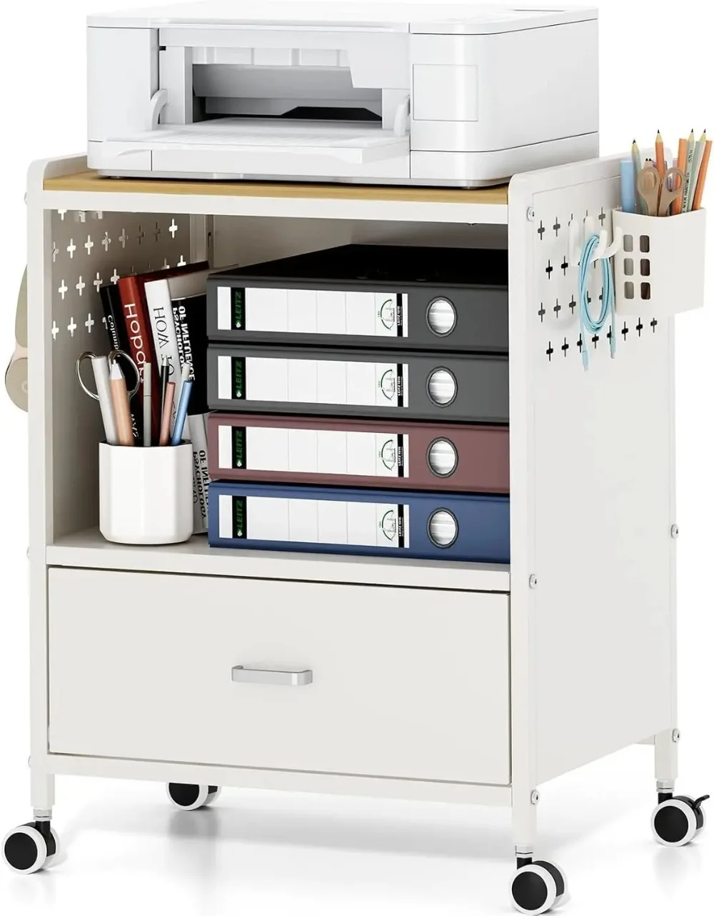 

1-Drawer Mobile File Cabinet with Wheels, MDF Wooden Panel Printer Stand with Adjustable Shelves, 2 Storage Bins & 4 Hooks, Hom