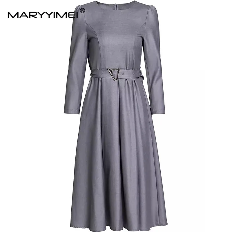 MARYYIMEI Autumn and winter Fashion Women's Dress Long-Sleeved High waist Lace-Up Plain color Grey/Purple Dresses