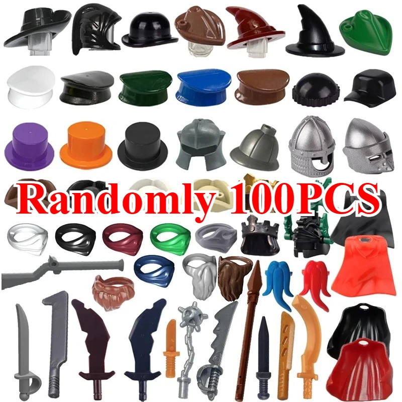 MOC Medieval Knights Building Blocks Solider Figures Accessories Wizard Farmer Craftsman Hat Cloak Mask Fire Spear Sword Bricks view 4