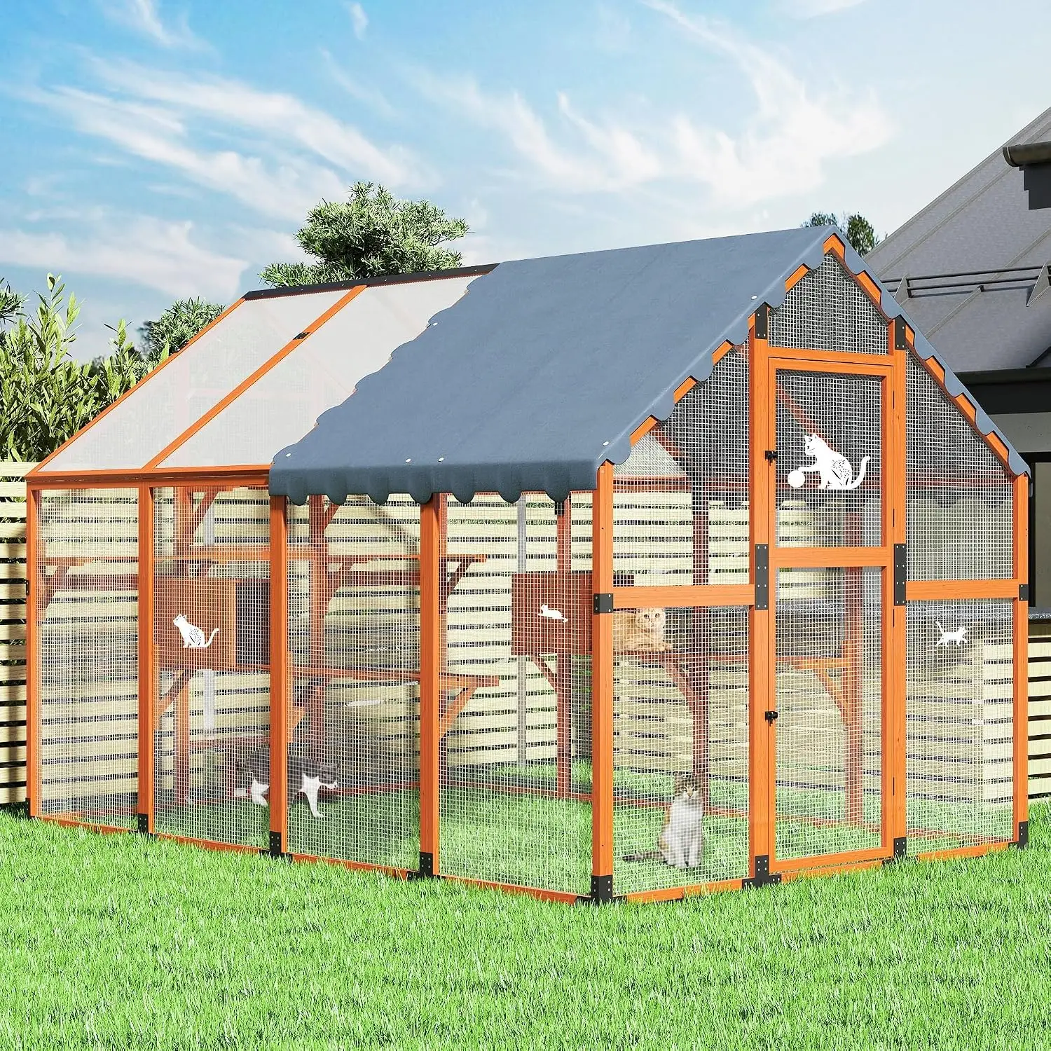 Wooden XL Walk-In Cat patio, 53.5ft² Big Run, Enhanced Stability, Window Connecting, Weatherproof Roof with Full Cover