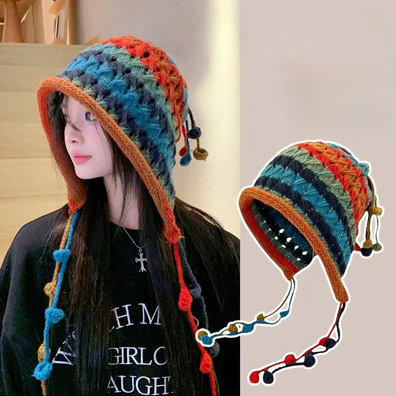 

Новая милая вязаная шапка с радужным градиентом для женщин на осень и зиму, теплая защита ушей, маленькая шапка с дисплеем для лица Baotou