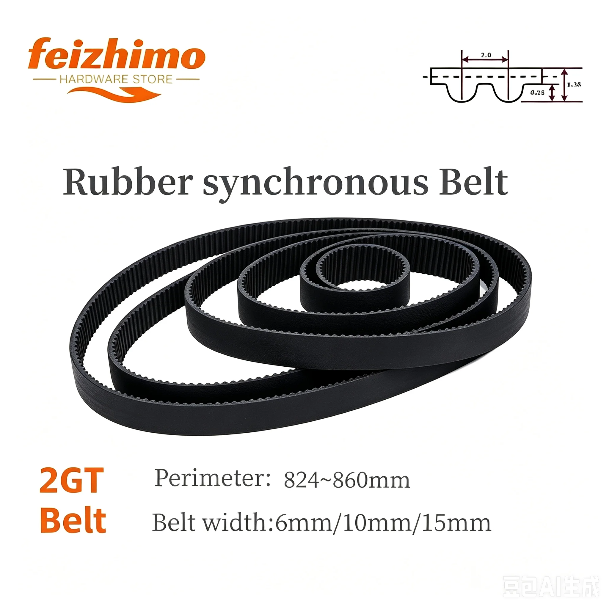 Black Rubber 3D Printer Accessory Synchronous Belt GT2 Width 6mm Suitable for 2GT Belt Circular Belt Circumference 816-862mm