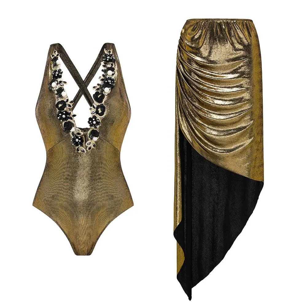 

2024 Gold Glossy One Piece Swimsuit and Skirt for Women Backless Swimwear Female Monokini Beach Wear Bathing Suit Bikini Set