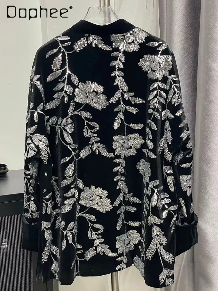 Industria pesada bordado de flores lentejuelas chaqueta de terciopelo con cuello levantado nuevo estilo chino chaqueta de moda Retro para mujer primavera otoño