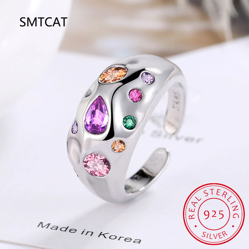 Multicolour Zironia Adjustable Ring 925 Sterling Silver Rainbow Color Hearts Open Size 6-9 Finger Rings For Women Jewelry R01170