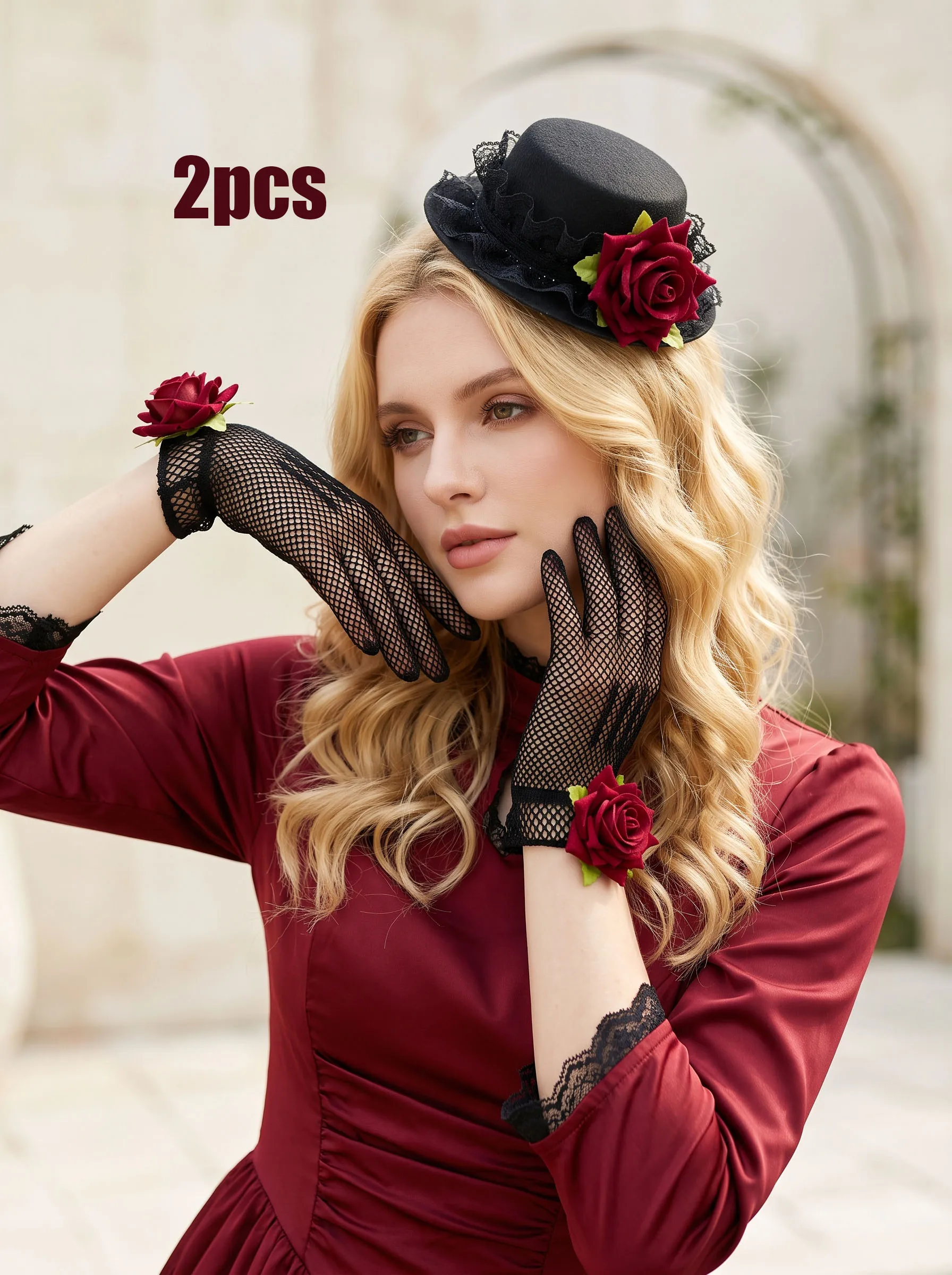 2Pcs Adult Vintage Red Rose Lace Hat Hair Clip Lace Rose Gloves Set Halloween Dark Wedding Party Costume Accessories