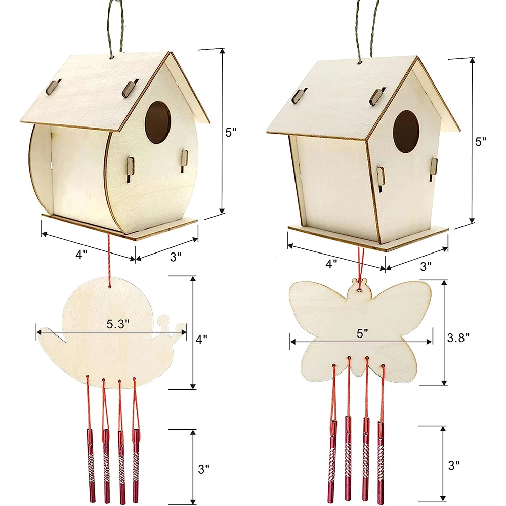 DIY Bird Houses Kits for Kids Crafts Wood for Class Parties and Art Strips Paintbrushes Stickers for Children to Build & Paint