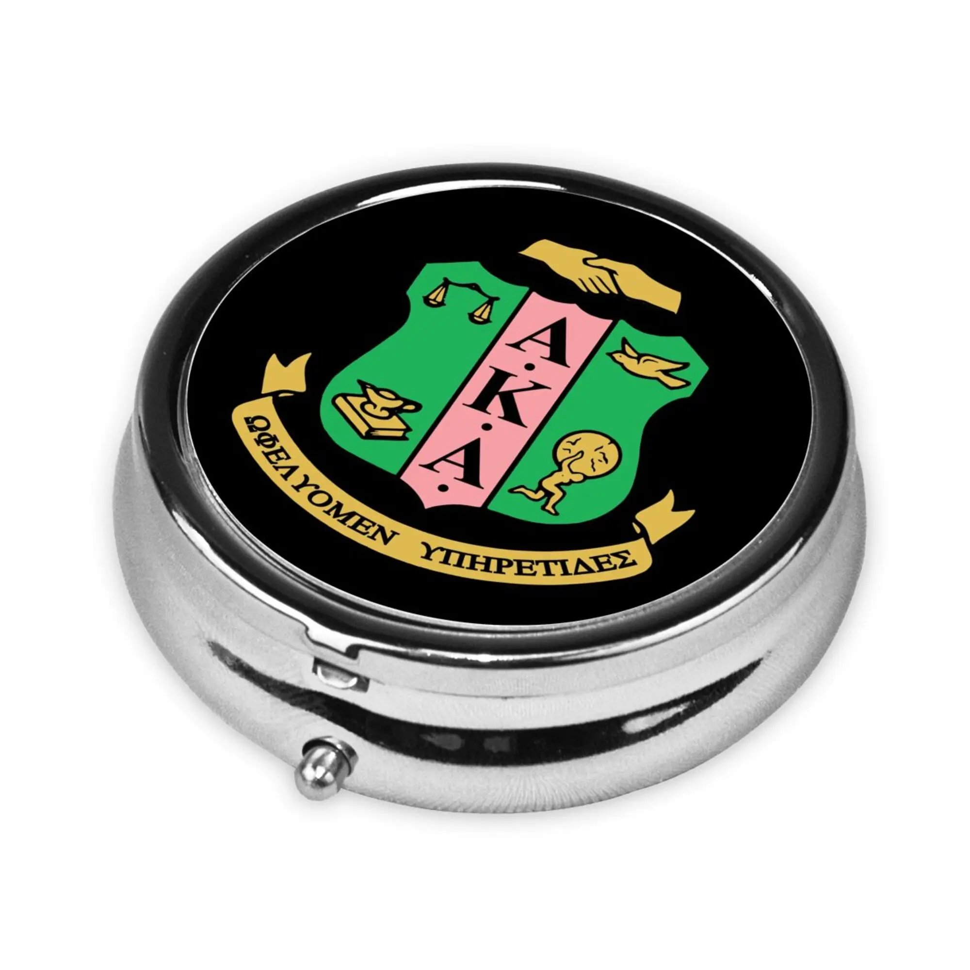 AKA Sorority Print Pill Box Purse Pocket Small Round Silver Pill Case Decorative Metal Medicine Vitamin Pill Organizer Portable