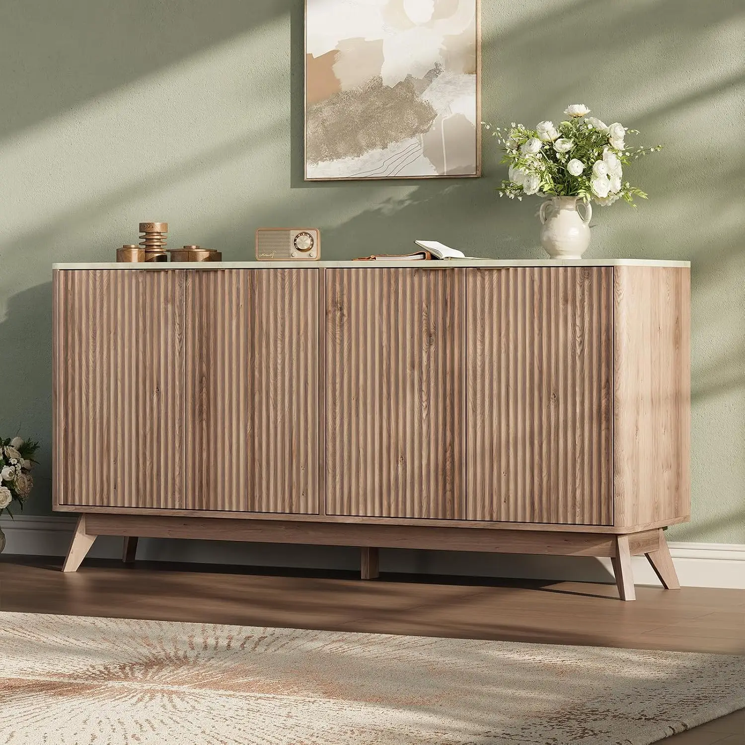 

59'' Marble Top Sideboard Buffet Storage Cabinet Fluted Rounded Corners 4 Doors Coffee Bar Console Table Natural Oak, Customized