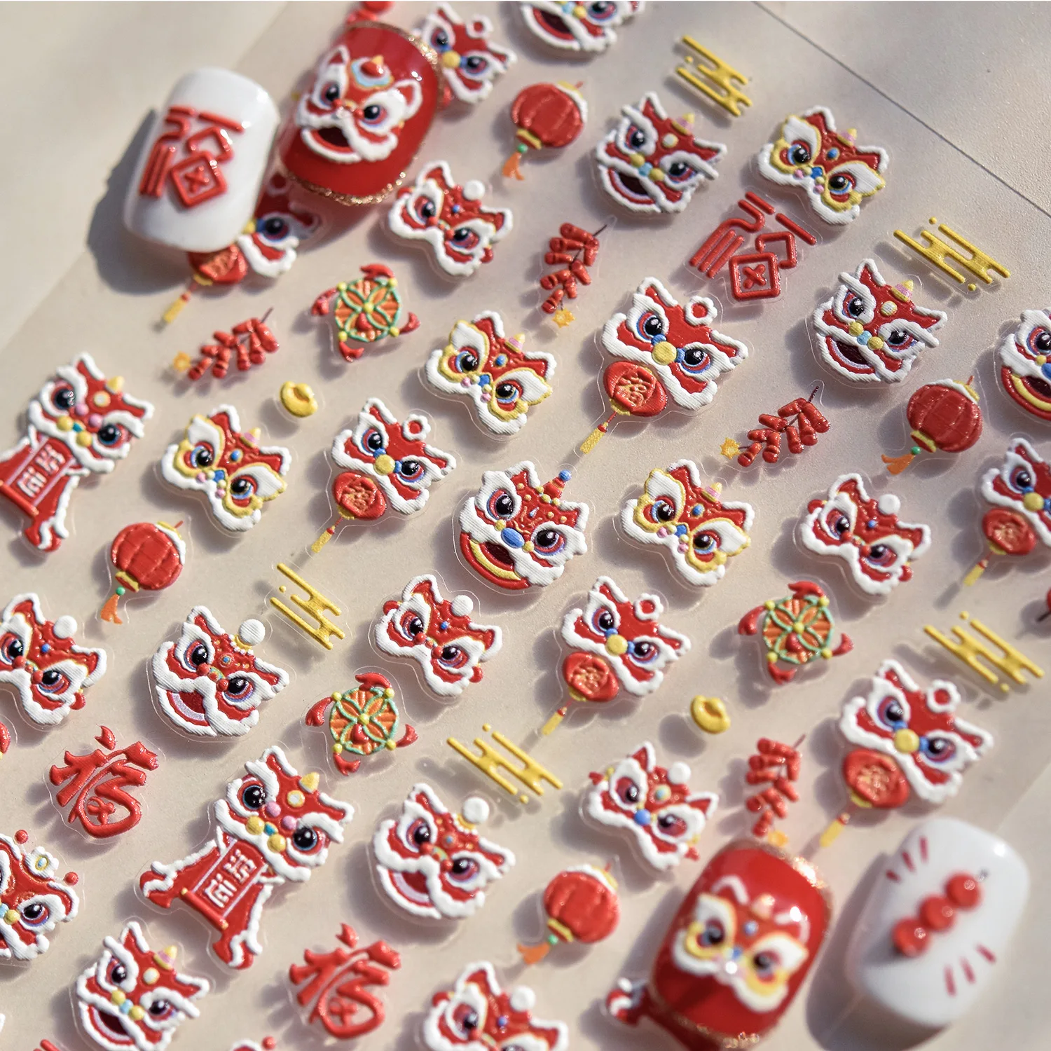 1Pcs Chinese New Year 2025 Nail Stickers 5D Reliefs Cute Good Luck Lion Head Self Adhesive Nail Art Stickers DIY Decoras Decals