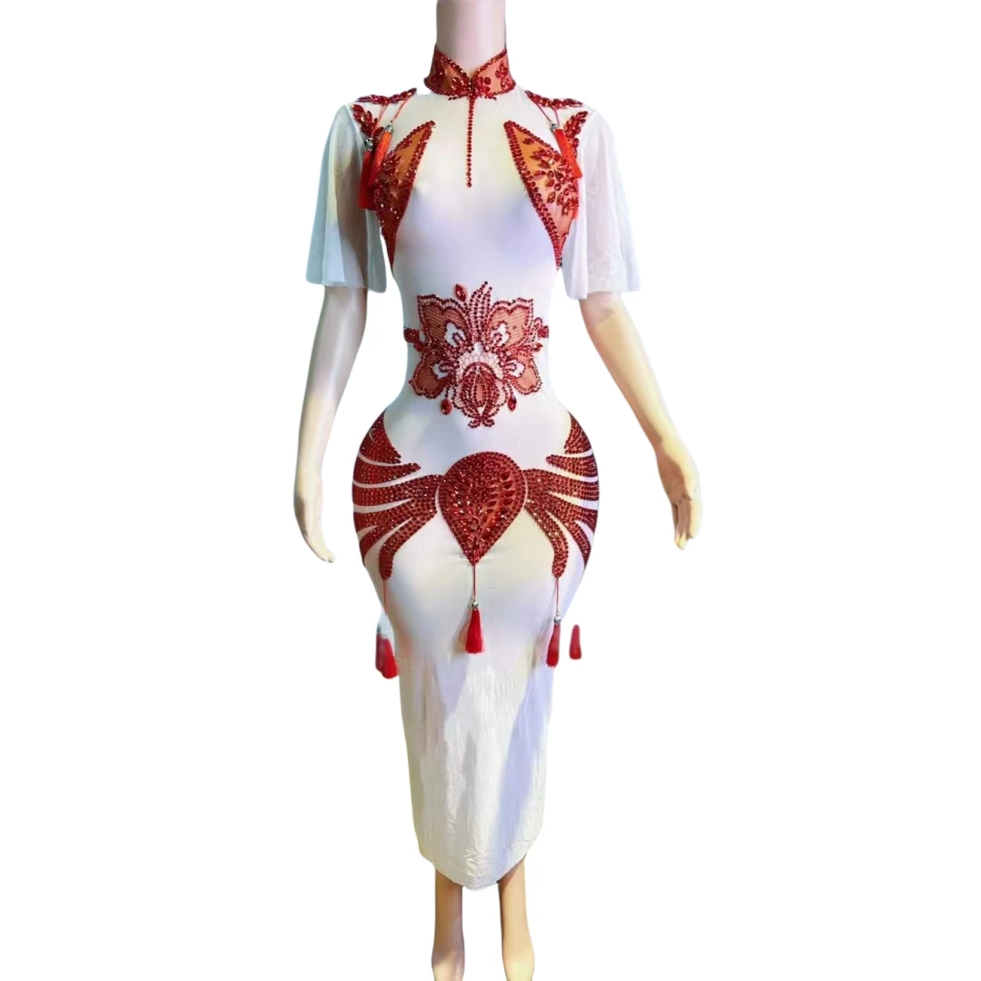 

Short Sleeve Women Cheongsam White Long Dress Wedding Stage Wear Hot Drilling Process Red Rhinestone Dressy Date Evening Prom