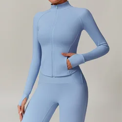 Women Long Sleeve Sports Jacket with Pockets Yoga Shirt Quick Dry Gym Top Sunscreen Sportswear Running Coats Zip Fitness Clothes
