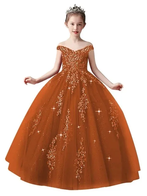 Burnt Orange Flower Girl Dresses For Weddings Lace Applique Off Shoulder Princess Ball Gown Kids Birthday Party Communion Gown