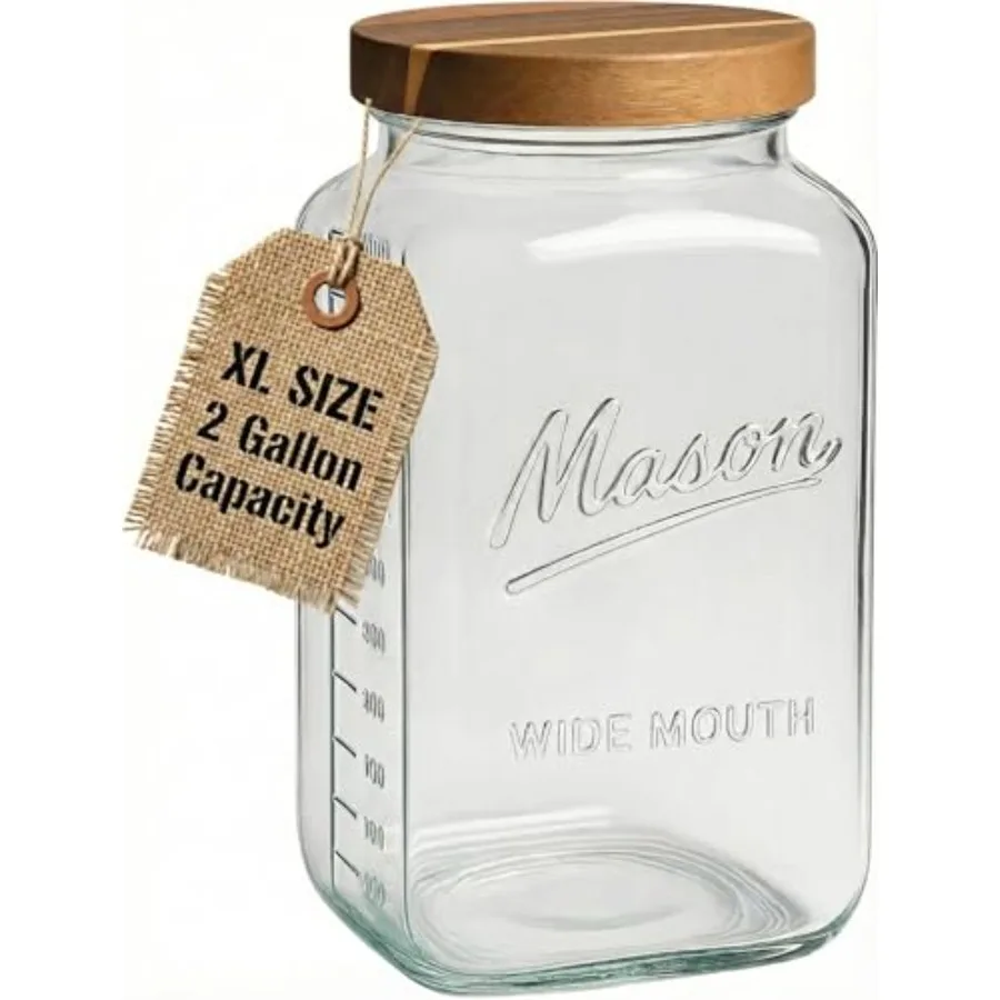 

2 Gallon Glass Mason Jar with Airtight Wooden Lid Wide Mouth Square Storage Container with Measurement Marks Ideal for Pantry O
