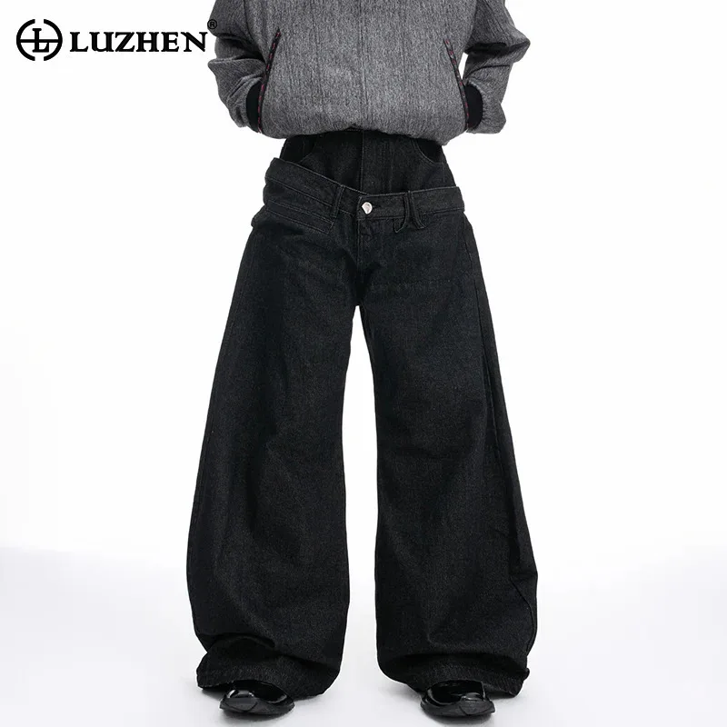 

LUZHEN 2025 новые однотонные высококачественные уличные брюки с широкими штанинами, мужские джинсы с индивидуальным дизайном на талии JY3252