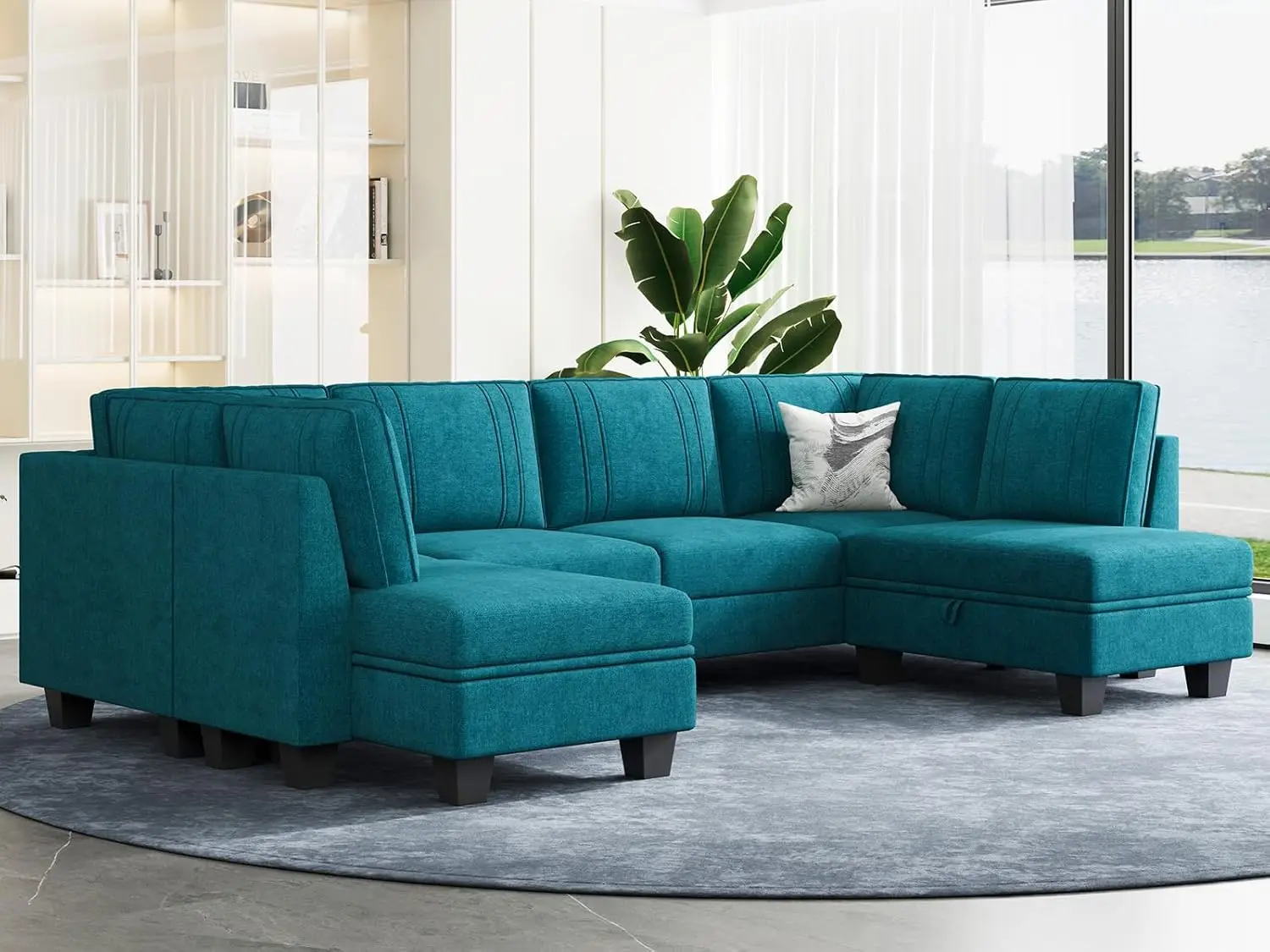 

Sectional Couch with Storage Ottoman Chaises U Shaped Sofa Fabric Sectional Couch Convertible U-Shape Couch Peacock Blue