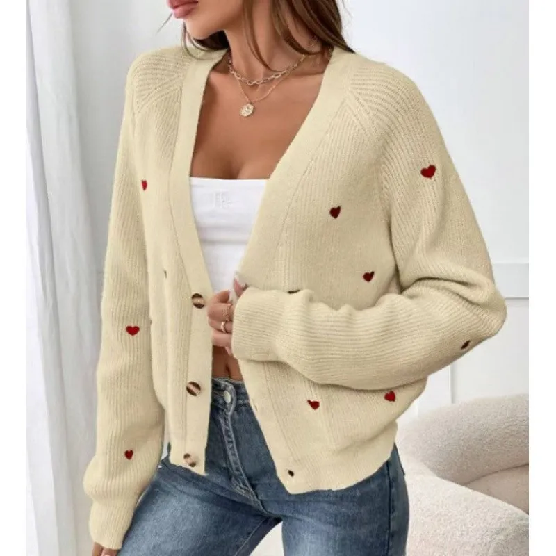 

Autumn and Winter Women's Knitted Top Fashion Jacquard V-neck Sweater Women's Versatile Long-sleeved Knitted Jacket Women