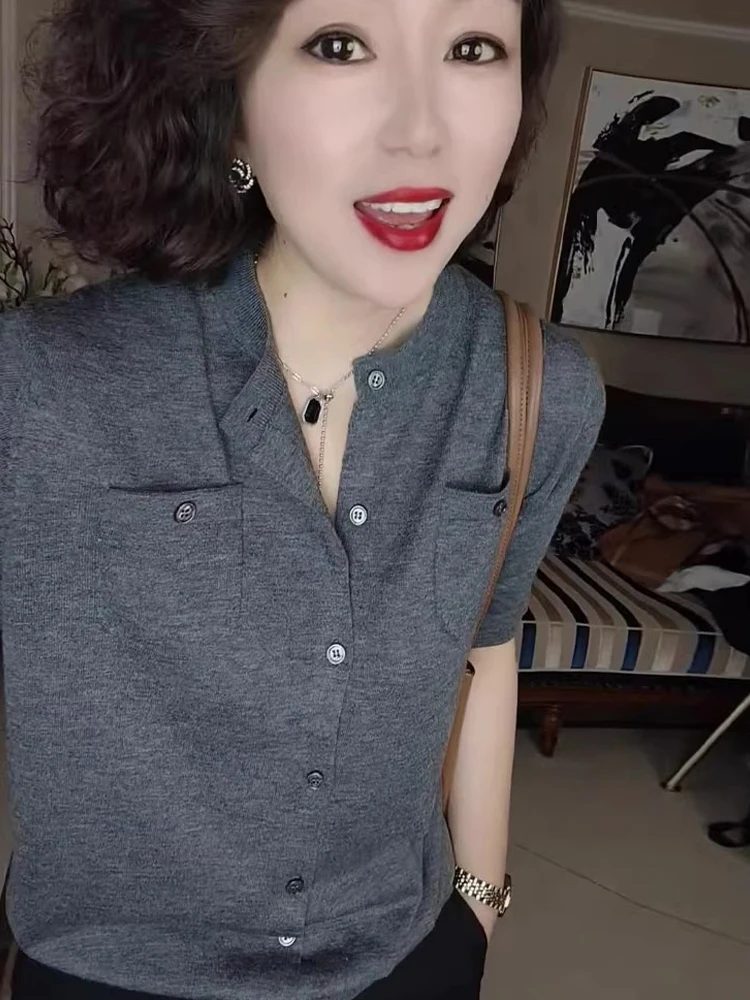 Cárdigan Abierto de Punto de Color Puro Estilo Coreano, Moda de Verano, Informal, Manga Corta, Bolsillo, Diseño de un Solo Bo...