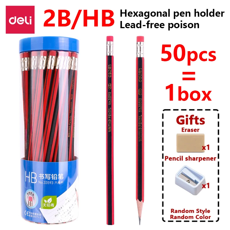 

Deli 2b/Hb Classic Pencil Smooth Writing Pencil With Rubber Hexagonal Log Lead-Free Non-Toxic. OfficeSchool Stationery Supplies