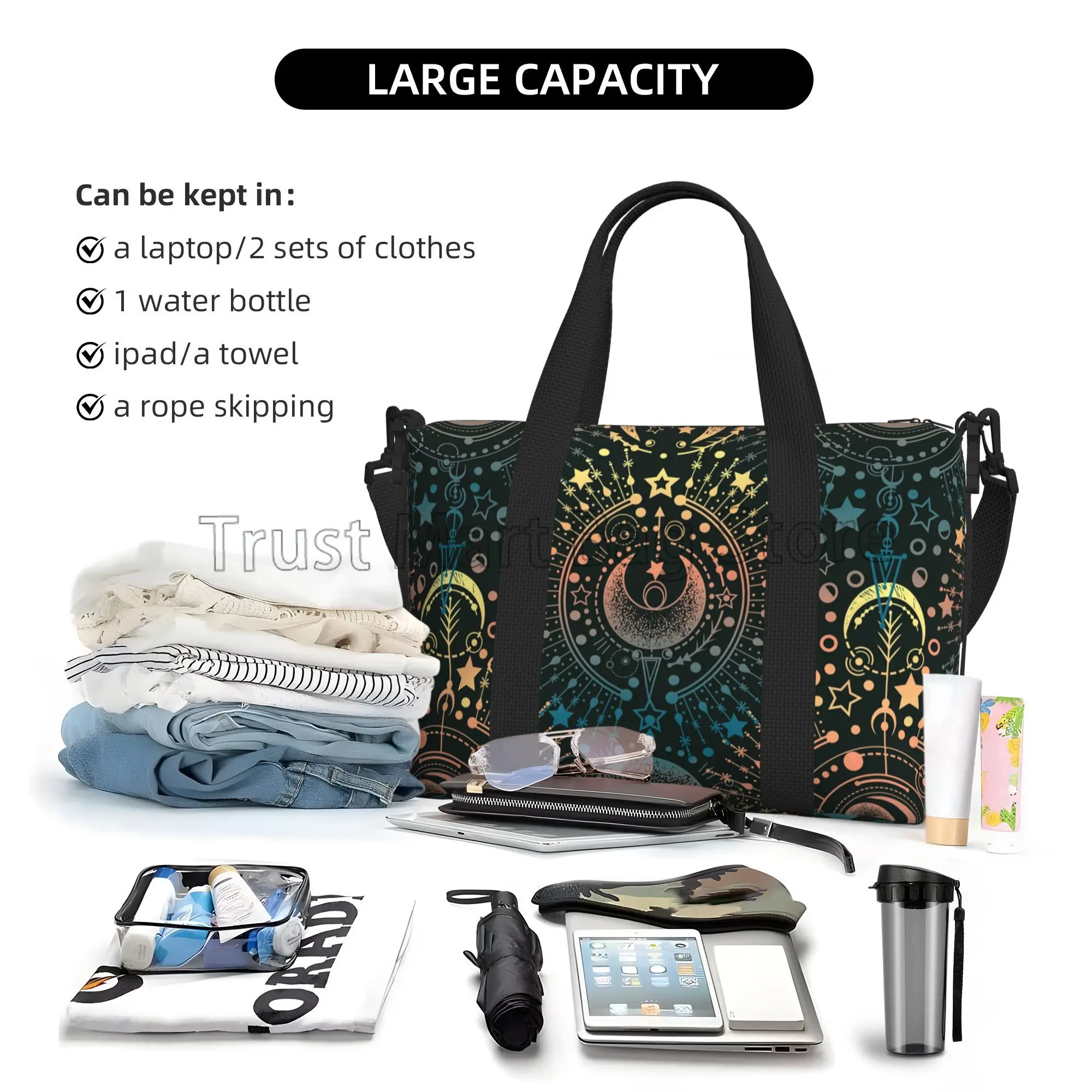 Moon Star Alchemy Magical Print Travel Duffel Bags Unisex Waterproof Sports Gym Handbags Overnight Weekender Luggage Bag