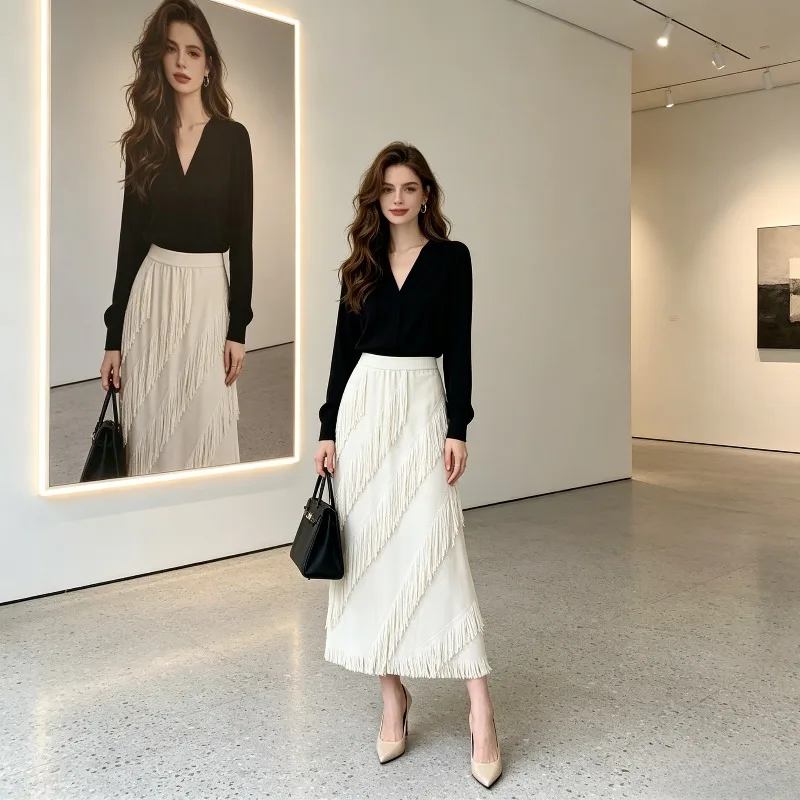 Miyake Pleated 2026 High-Waisted New Design Pleated Slanted Tassel High-Waisted Slimming Elegant Versatile Skirt for Women Pleat