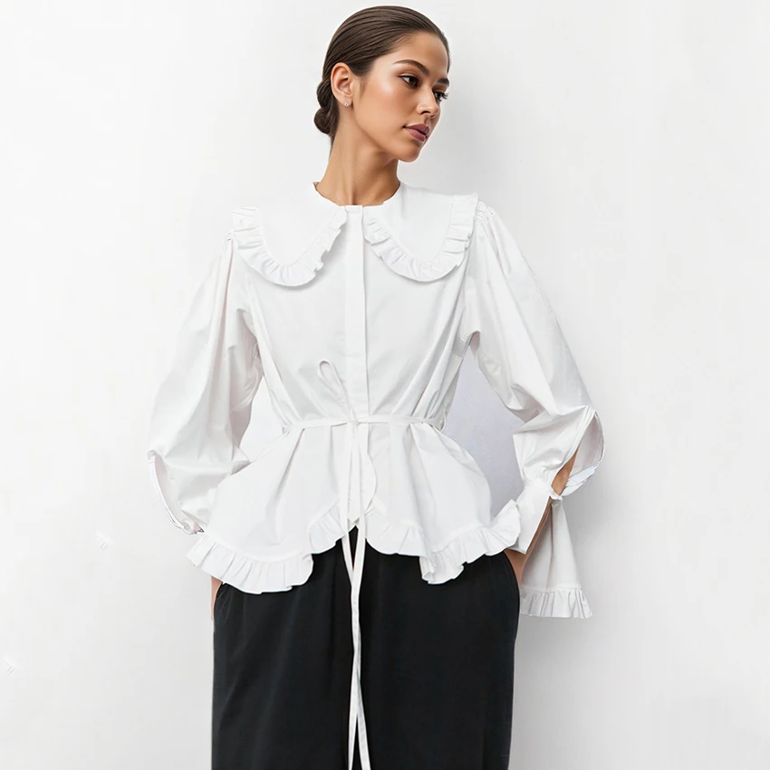 Linad بلوزة كلاسيكية بياقة مكشكشة بيضاء للنساء قمصان أنيقة بأكمام مضيئة للخريف قطع علوية غير رسمية بأكمام طويلة 2025 بوهو