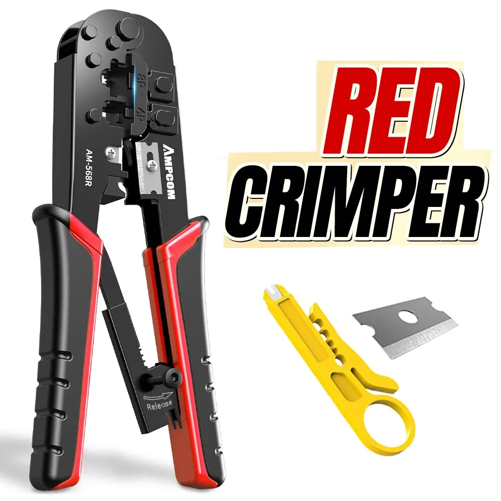 AMPCOM RJ45 Crimper RJ11 RJ45 Crimpzange Ethernet Netzwerk LAN Kabel Crimper Cutter Stripper Zange für 6P 8P RJ11 RJ12 RJ45