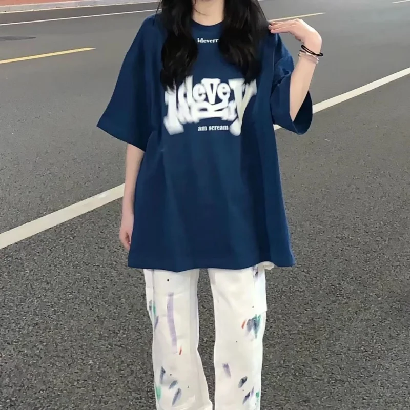 DAYIFUN-Women's Short-Sleeved O-Neck Cotton T-shirt Summer Streetwear Korean Loose Casual Tops Oversized Graphic Tees New 2023