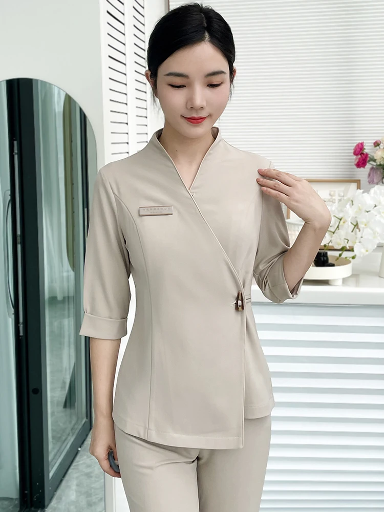 زي عمل احترافي للعاملين في مجال السبا والعناية بالبشرة والتجميل، بدون أكمام، مرن، قابل للتنفس، بأكمام ثلاثة أرباع #3