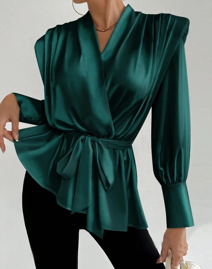 

Women's Blouse Elegant Fashion Solid Color V-Neck Long Sleeve Ruched Warp Tied Detail Waist Blouse Top With Shoulder Pad