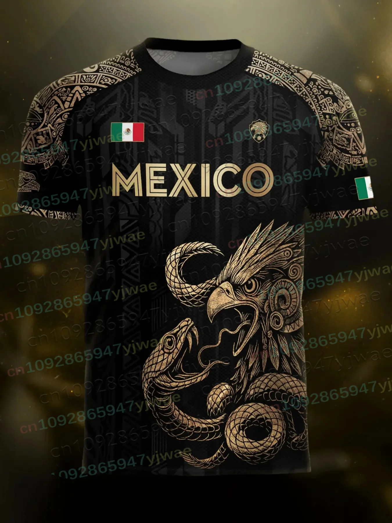 2026 Mexico Coat Of Arms Black Gold Aztec Eagle Warrior Football Jersey Breathable Quick Drying Sportswear Summer Men T-Shirt