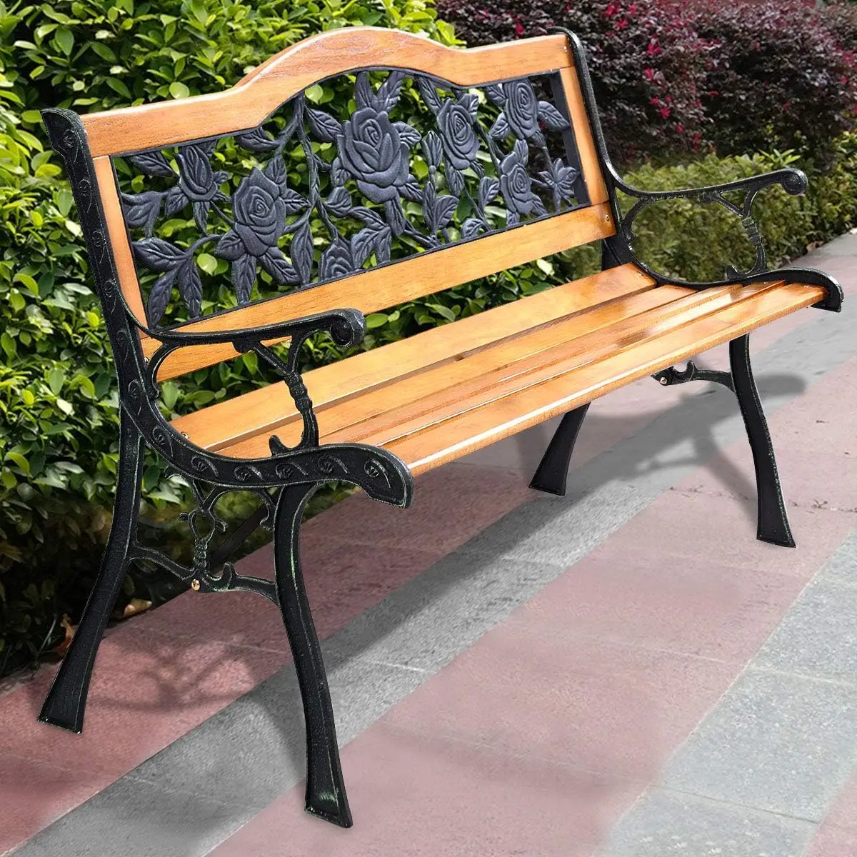 

50 Inch Patio Bench, Outdoor Furniture Rose Cast Iron Hardwood Frame Porch Loveseat for 2 People