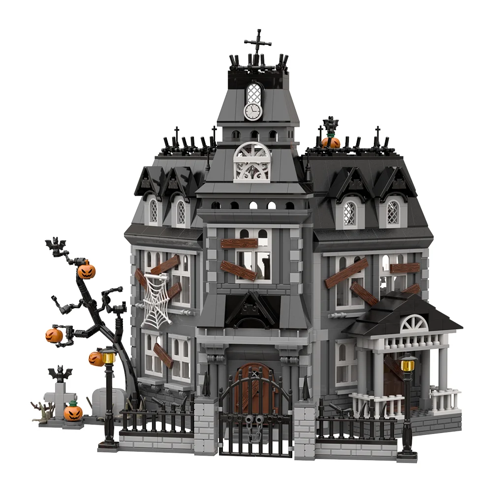 MOC Halloween Haunted House Model Building Blocks Borror Pumpkin Tree Haunted Apartment Architecture Brick Toys Adult Gift