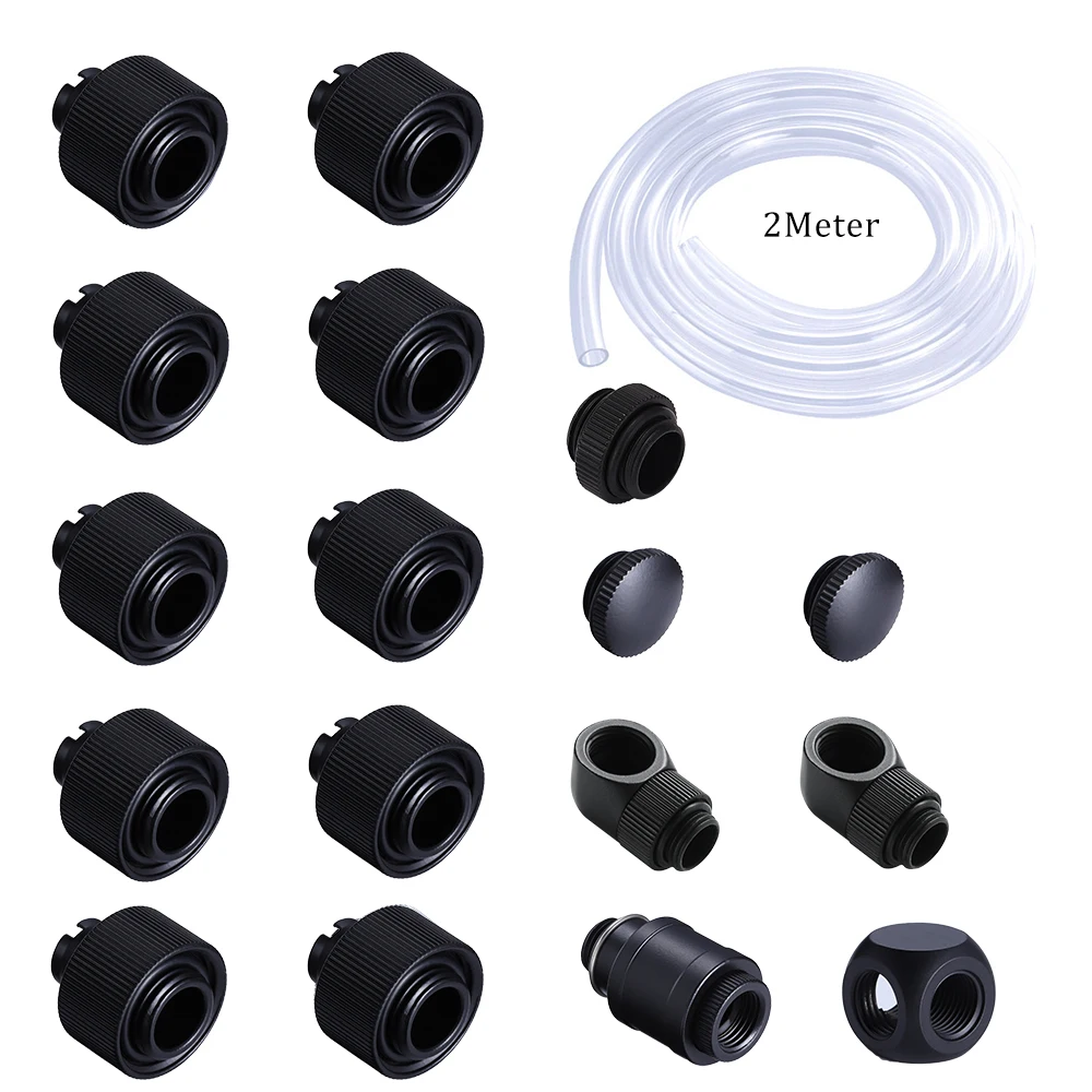 Shyrrik 19pcs Soft Tube Fitting Kit For 10x13mm/10x16mm Soft Tube with Switch 3-Way Water Cooling DIY Hand Compression Connector