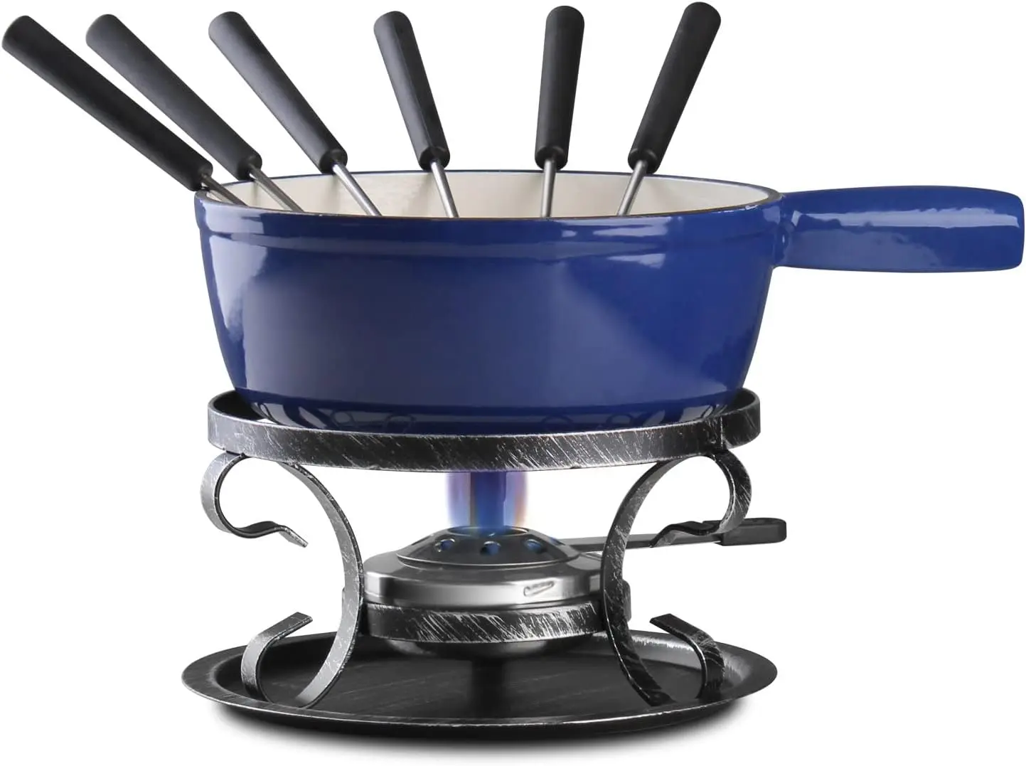 Zwitserse Traditionele Gietijzeren Kaasfondue-Potset, Campimg-Fondue-Set Voor Kaas, Vlees En Chocolade (Blauw)