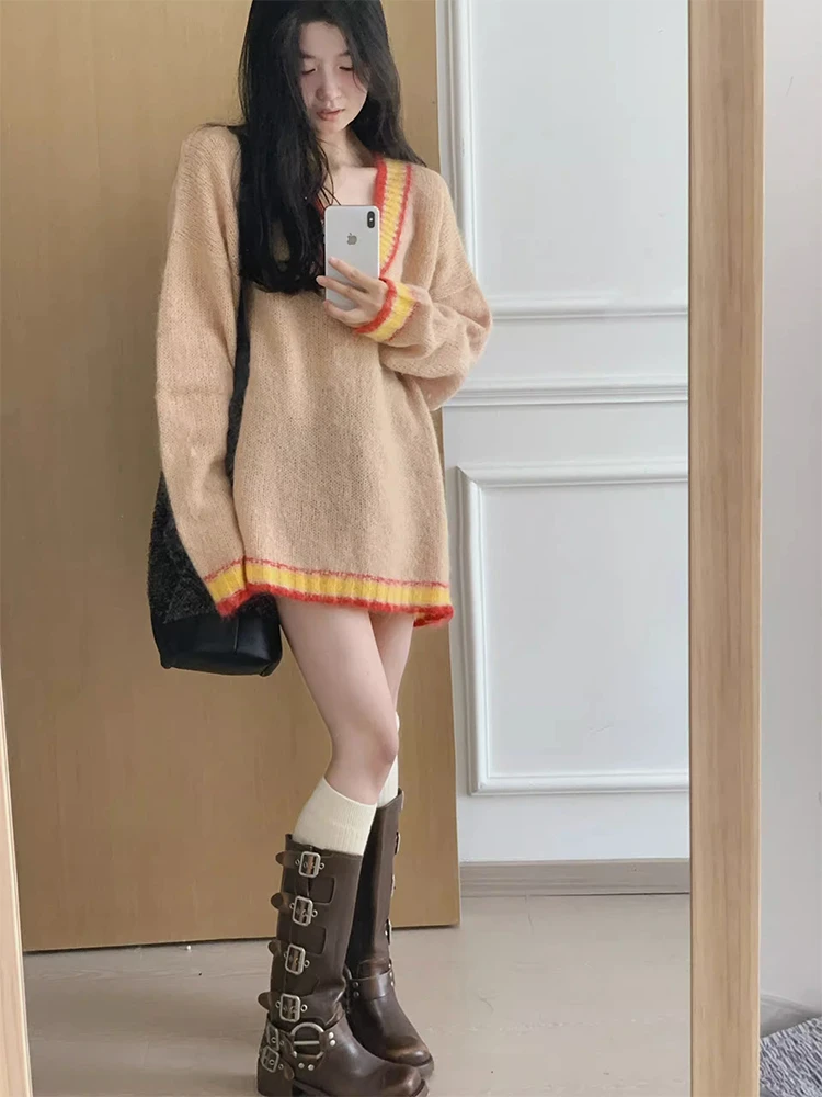 

Новинка 202, женский вязаный свитер Long Sve Lazy Sle, свободный крой, корейская версия, внутренняя одежда, базовый слой, топ V-Ne на осень