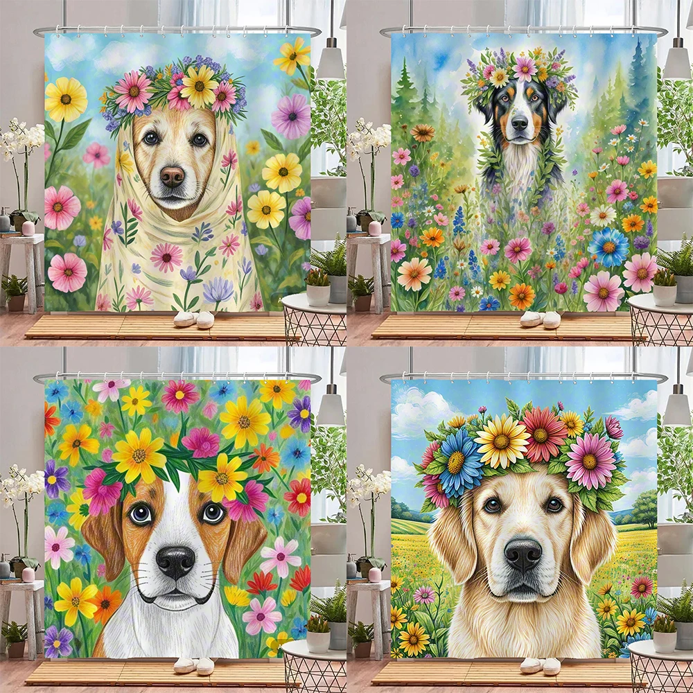 

Акварельные цветы и растения собака животное занавеска для душа печать полиэстер водонепроницаемые занавески для ванной комнаты с крючком украшают занавеску
