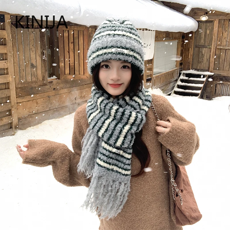 Korean Knitted Scarf Cap Sets with Wool Women Fashionable Stripes Hat Outdoor Windproof Riding Set Winter Thickened Warm Sets