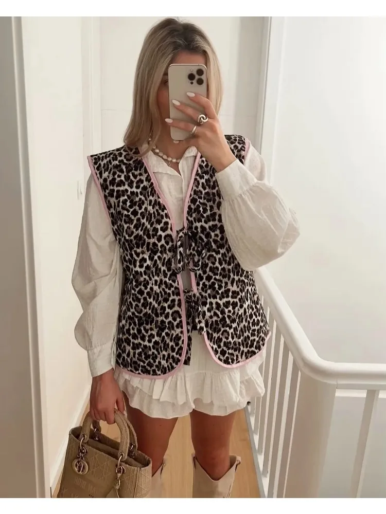 Short Leopard Pattern Edge Bow Decoration Sweet Pressed Cotton Front Sleeveless V-Neck Vest Casual Thick Quilted Jacket Cardigan