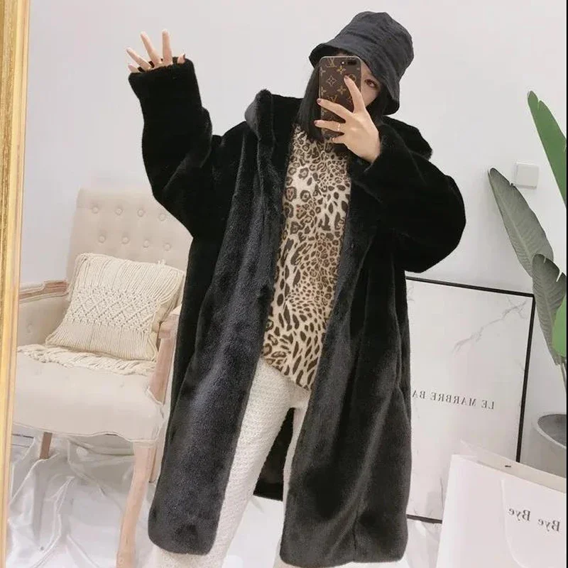 2024 New Women Winter Thick Warm Female Plush Plus Size Loose OverCoat Faux Fur Coat Hooded Long Fur Coats