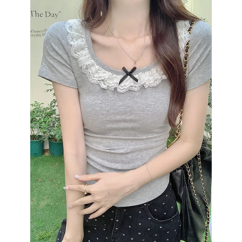 Bow O Neck Grey Tshirts For Women Cute Tops Slim Solid T Shirt Short Sleeve Y2k Tee Shirt Femme 2026 Summer Womens Clothing
