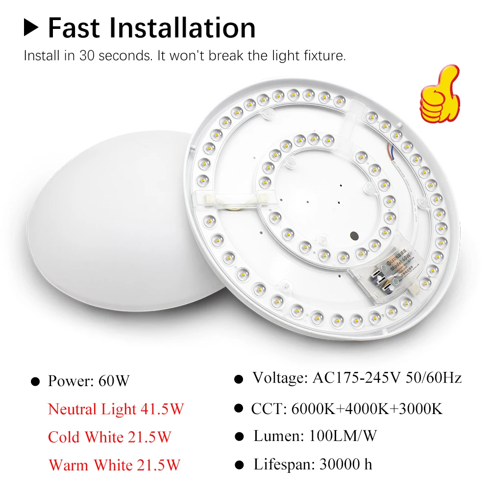 Imagem -03 - Painel de Led 220v Substituição de Luz de Teto Módulo Regulável 60w Círculo Redondo Módulo de Placa de Luz para Luzes de Ventilador de Teto