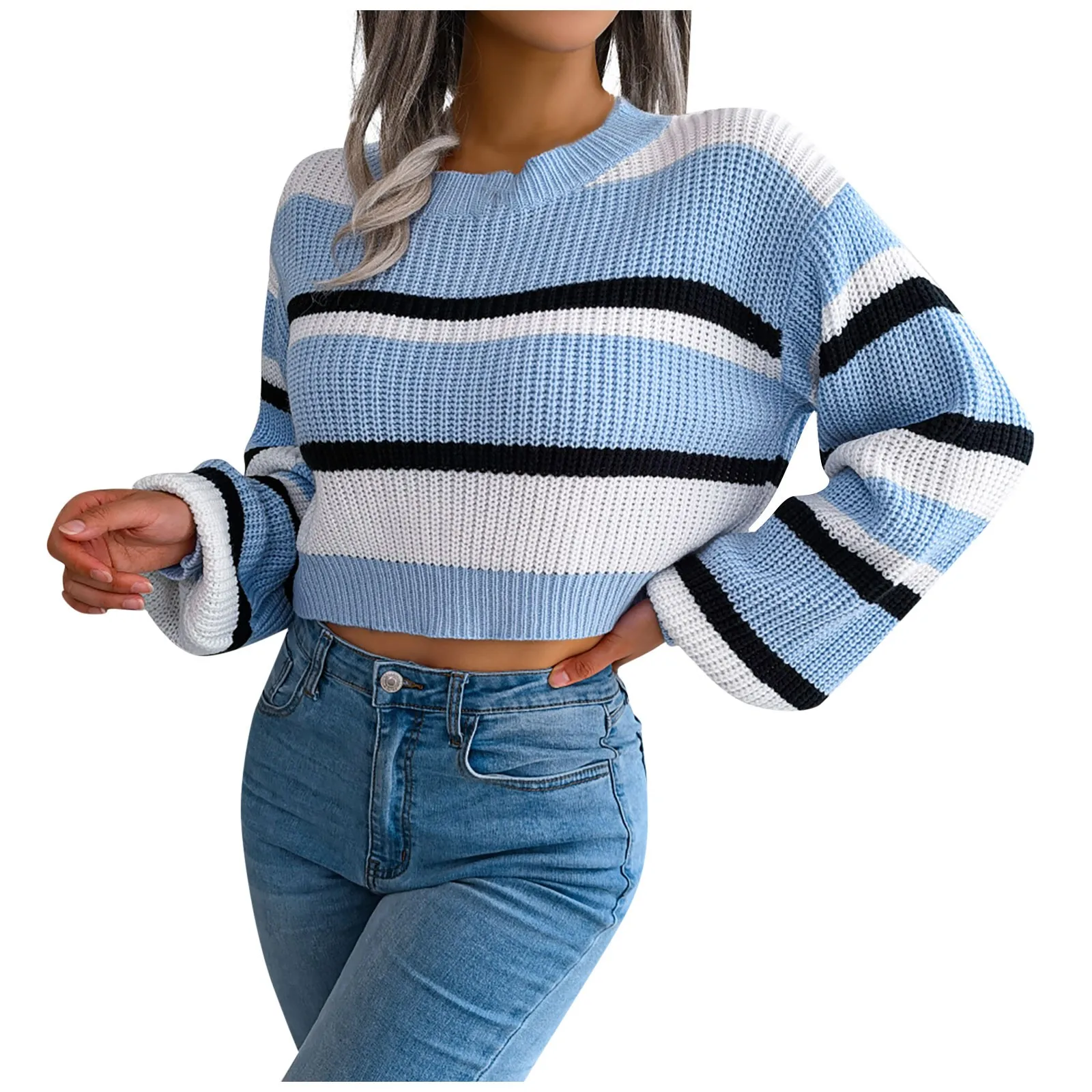 Women\'s Sweaters Autumn Winter Top Ins Style Casual Striped Long Sleeve Crop Knit Sweater